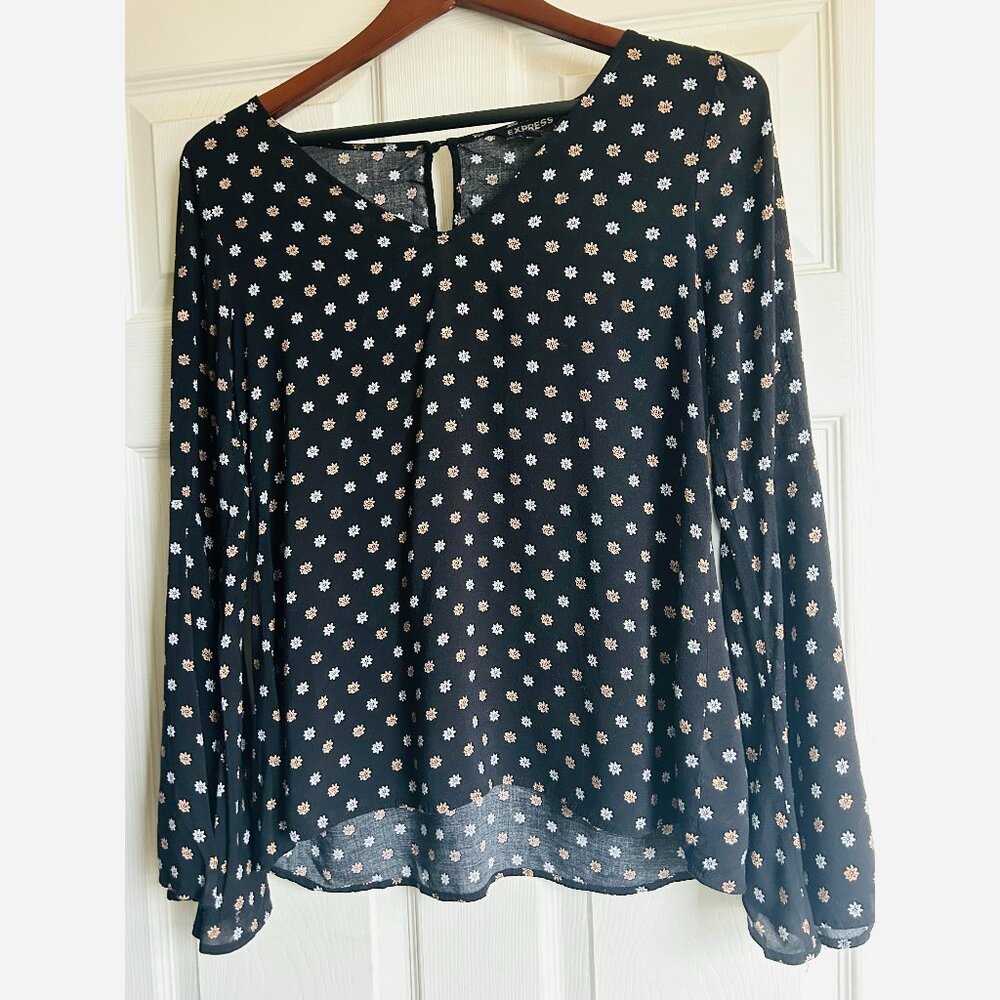 Express Black Floral Top with Bell Sleeves